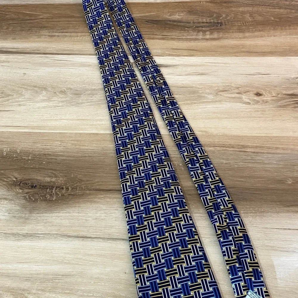 Turnbull & Asser‎ Mens Silk Tie Hand Made London Blue Yellow Geometric Pattern